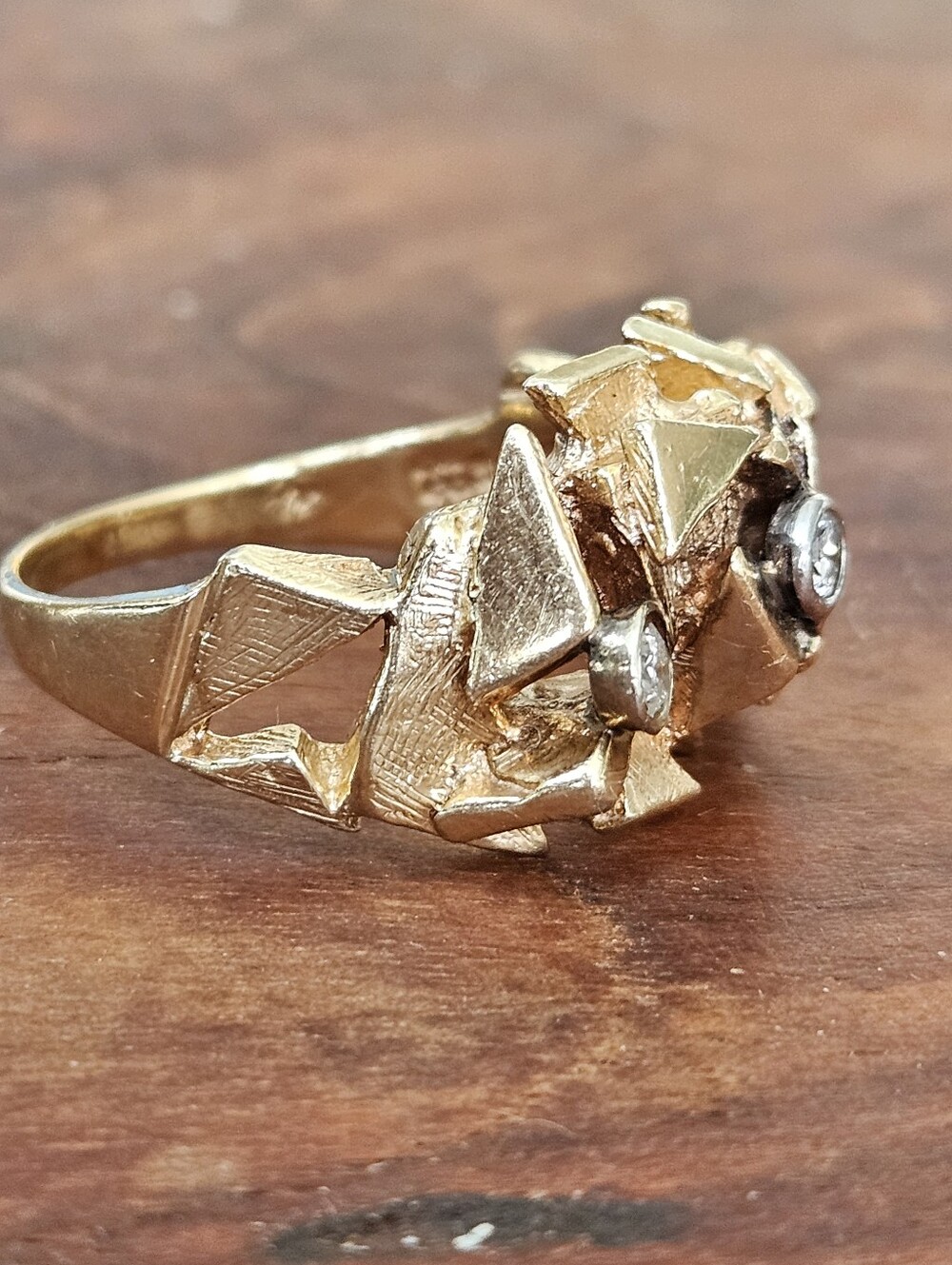 Vintage European Solid 14k 585 MCM Brutalist 3 Stone Diamond Nugget Ring - Picture 5 of 11
